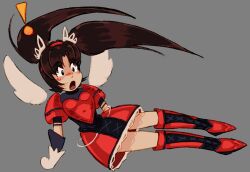 ! armor armored_dress black_eyes blush brown_hair detached_sleeves dress fake_wings fighting_vipers frilled_dress frilled_skirt frills gloves headband highres honey_(fighting_vipers) kneeling open_mouth sega selphkatsu shoulder_armor simple_background skirt surprised twintails wings