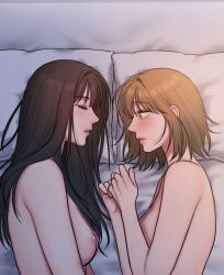 bad_thinking_diary black_hair breasts brown_eyes brown_hair closed_eyes highres kang_yuna_(bad_thinking_diary) kim_minji_(bad_thinking_diary) long_hair nipples nude on_bed rangrarii short_hair yuri