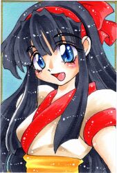 1girl ainu_clothes black_hair blue_eyes breasts hair_ribbon highres long_hair looking_at_viewer medium_breasts nakoruru open_mouth ribbon samurai_spirits snk solo the_king_of_fighters tongue traditional_media
