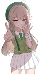 1girl absurdres ahoge argyle_clothes argyle_sweater_vest beret black_survival blush brown_hair center-flap_bangs collared_shirt commentary_request cowboy_shot eternal_return:_black_survival felix_(black_survival) fellatio_gesture flat_chest fronut_(mylittlebear) frown genderswap genderswap_(mtf) green_eyes green_hat green_necktie green_sweater_vest grin hair_flaps hair_intakes hands_up hat heart highres index_finger_raised korean_commentary long_hair looking_at_viewer mesugaki miniskirt necktie outstretched_arm pleated_skirt pointing pointing_at_viewer seductive_smile shade shirt short_sleeves simple_background skirt smile solo suspender_skirt suspenders sweatdrop sweater_vest tsurime white_background white_shirt white_skirt white_wrist_cuffs wing_collar wrist_cuffs