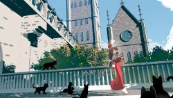 Rule 34 | 1girl, blue sky, breasts, brown hair, cat, chikuwa fan973, church, cloud, day, green eyes, highres, large breasts, long hair, original, outdoors, railing, scenery, sky, solo