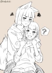 2girls :d ? absurdres animal_ears arms_around_neck blunt_bangs blunt_ends blush braid brown_background center-flap_bangs collarbone commentary fox_ears fox_girl fox_tail glaring greyscale_with_colored_background highres hood hood_down hoodie jealous kachimachi_kosuzu kemonomimi_mode link!_like!_love_live! long_hair long_sleeves looking_at_another looking_at_viewer love_live! momose_ginko multiple_girls nose_blush open_mouth rakatzki romaji_commentary short_hair side_braids smile speech_bubble spoken_question_mark squiggle straight_hair tail upper_body v-shaped_eyebrows virtual_youtuber yuri