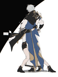 Rule 34 | 1boy, 1girl, absurdres, antenna hair, armor, black background, black coat, black gloves, black shoes, coat, commentary request, cursor, full body, gloves, grey hair, headpat, highres, honkai: star rail, honkai (series), hug, ieririr, long hair, pauldrons, phainon (honkai: star rail), shirt, shoes, short hair, shoulder armor, simple background, single pauldron, stelle (honkai: star rail), trailblazer (honkai: star rail), two-tone background, white background, white coat, white hair, white shirt