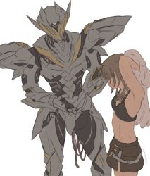 1girl armor armpits arms_up artist_name belt black_armor black_bra black_skirt bra breasts cable commentary cowboy_shot english_commentary facing_away full_armor grey_armor grey_belt grey_hair highres honkai:_star_rail honkai_(series) korshokor long_hair looking_at_another mecha miniskirt power_armor robot sam_(honkai:_star_rail) shirt sidelocks simple_background skirt small_breasts standing stelle_(honkai:_star_rail) sweat t-shirt trailblazer_(honkai:_star_rail) two-tone_armor underwear white_background white_shirt