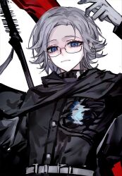 1boy aotsuki_eito blue_eyes closed_mouth eyebrows eyelashes glasses gloves highres holding holding_scythe holding_weapon looking_at_viewer scythe simple_background the_hundred_line_-last_defense_academy- weapon white_background white_gloves white_hair