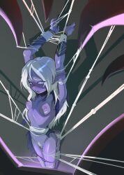 1girl absurdres arms_up bracer breasts bug colored_skin commentary commission completely_nude dark_elf dungeons_&amp;_dragons elf english_commentary eyes_visible_through_hair female_pubic_hair highres long_hair long_pointy_ears looking_at_viewer nipples nude open_mouth original panties panty_pull pointy_ears pov pubic_hair purple_eyes purple_panties purple_skin restrained silk small_breasts soapy_draws solo spider spider_web torn_clothes underwear white_hair white_pubic_hair