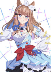+_+ 1girl absurdres almond_eye_(umamusume) animal_ears blue_eyes blue_gloves blue_hair breasts brown_hair cleavage colored_inner_hair commentary_request detached_sleeves fingerless_gloves gloves hairband hand_on_own_hip highres horse_ears horse_girl horse_tail looking_at_viewer medium_breasts multicolored_hair noa_82g smile solo tail two-tone_hair umamusume white_hairband white_sleeves