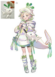 1girl absurdres animal_bag animal_ears aqua_eyes asymmetrical_bangs black_choker black_shorts blonde_hair blunt_bangs choker colored_tips cross-laced_clothes cross-laced_hoodie droopy_ears fins fish_hair_ornament fish_tail flipped_hair full_body furrowed_brow green_hair green_ribbon green_shoes green_socks green_trim hair_ornament hand_up hat highres holding holding_strap hood hood_down hoodie leg_warmers long_sleeves multicolored_hair nervous open_mouth original photo_inset pigeon-toed plant_growth ribbon shark_bag shark_girl shark_tail sharp_teeth shoes short_eyebrows short_hair shorts simple_background sneakers socks solo standing tail tail_ornament tail_ribbon teeth toga_(toganawa) two-handed unfinished waist_bag white_background white_hat white_hoodie white_leg_warmers white_tail