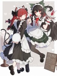 2girls ;3 absurdres alternate_costume animal_ears apron arms_behind_back black_bow black_dress black_hair black_pantyhose black_shoes black_wings bow braid cat_ears cat_girl cat_tail cup dress enmaided extra_ears food fruit green_bow grey_background hair_bow heart heart_background highres holding holding_plate holding_tray juliet_sleeves kaenbyou_rin komeiji_koishi komeiji_satori long_hair long_sleeves looking_at_viewer looking_back maid maid_apron maid_headdress mary_janes menu_board multiple_girls multiple_tails neck_ribbon one_eye_closed pantyhose parfait plate pointy_ears puffy_short_sleeves puffy_sleeves red_eyes red_hair red_nails red_ribbon reiuji_utsuho ribbon shoes short_sleeves smile standing standing_on_one_leg strawberry strawberry_parfait tail teacup third_eye touhou tray twin_braids two_tails v very_long_hair white_apron white_pantyhose wings wrist_cuffs yuuneka