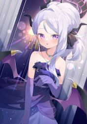 1girl black_halo blue_archive blush demon_girl demon_horns demon_wings dress earrings gloves halo highres hina_(blue_archive) hina_(dress)_(blue_archive) horns jewelry long_hair looking_at_viewer necklace pendant purple_dress purple_eyes purple_gloves solo standing white_hair wings yunweishukuang