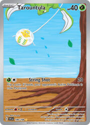 artist_name blade_arm blue_sky bug card_(medium) character_name company_name copyright_name copyright_notice day english_text flying_sweatdrops gen_1_pokemon leaf nintendo no_humans nostrils official_art open_mouth outdoors pokemon pokemon_(creature) pokemon_card pokemon_focus pokemon_tcg scyther silk sky tanaka_miki tarountula third-party_source trading_card tree