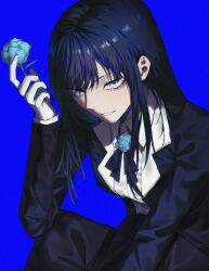 1girl absurdres ado_(utaite) blue_background blue_eyes blue_flower blue_hair blue_jacket blue_pants blue_rose blue_theme bow bowtie chando_(ado) collared_shirt commentary flower hand_up highres holding holding_flower jacket long_hair open_clothes open_jacket pants parted_lips purple_bow purple_bowtie rose shirt sidelocks simple_background smile solo tyrezal utaite white_shirt