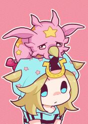 1boy 1other absurdres beanie blonde_hair blue_eyes blue_hat blue_hoodie colored_skin commentary_request hair_flaps hair_through_headwear hat highres hood hood_down hoodie horseshoe_hat_ornament horseshoe_ornament johnny_joestar jojo_no_kimyou_na_bouken long_hair m_a_a_m_8 male_focus outline pink_background pink_skin short_sleeves stand_(jojo) steel_ball_run tusk_(stand) tusk_act1 upper_body white_outline