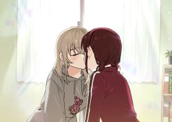 2girls absurdres blush closed_eyes commentary_request curtains drawstring ear_blush girls_band_cry grey_hair grey_hoodie habsida_(habsida_hpy) highres hood hoodie indoors iseri_nina jacket kawaragi_momoka kiss korean_commentary long_hair multiple_girls plant potted_plant red_hair red_jacket short_twintails track_jacket twintails yuri