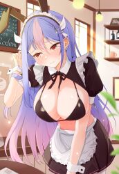 1girl 3: absurdres alternate_costume animal_ears apron artist_request bikini bikini_top_only bing_hayu black_bikini black_shrug black_skirt breasts cleavage closed_mouth commission cowboy_shot embarrassed enmaided fake_animal_ears frills gradient_hair hand_up highres large_breasts looking_to_the_side luvdia maid maid_apron maid_headdress miniskirt mole mole_under_eye multicolored_hair neck_ribbon pink_hair pleated_skirt purple_hair rabbit_ears red_eyes ribbon second-party_source short_sleeves shrug_(clothing) skirt solo string_bikini swimsuit two-tone_hair virtual_youtuber waist_apron wrist_cuffs