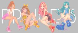 4girls :p akagi_towa amanogawa_kirara aqua_hair bike_shorts black_shorts blue_eyes blue_footwear blue_shirt blue_skirt blunt_bangs braid brown_hair casual commentary crop_top cross-laced_footwear dolphin_shorts dress english_commentary english_text go!_princess_precure green_eyes grey_background grin hair_ornament hair_ribbon haruno_haruka high-waist_skirt invisible_chair invisible_floor jj_(ssspulse) kaidou_minami knee_up long_hair lying medium_hair midriff miniskirt multiple_girls no_socks on_side one_side_up orange_hair orange_ribbon orange_shoes orange_shorts parted_bangs pink_hair pink_headwear pink_shoes pink_skirt plaid_clothes plaid_skirt pleated_skirt pointy_ears precure purple_eyes red_dress red_eyes ribbon shirt shoes short_dress short_shorts short_sleeves shorts shorts_under_dress simple_background sitting skirt sleeveless sleeveless_shirt smile tan text_background tiara tongue tongue_out untied_shoelaces white_shirt