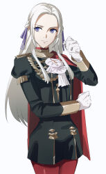 1girl arm_up capelet center_opening clenched_hands closed_mouth commentary_request edelgard_von_hresvelg fire_emblem fire_emblem:_three_houses garreg_mach_monastery_uniform gloves hair_ribbon head_tilt highres juliet_sleeves long_hair long_sleeves looking_to_the_side nakmini nintendo pantyhose parted_bangs puffy_sleeves purple_eyes purple_ribbon red_capelet red_pantyhose ribbon shade simple_background solo standing white_background white_gloves white_hair