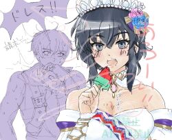 1boy 1girl blush bride brooch brother_and_sister choker ddy5310 dress dripping eating fire_emblem fire_emblem:_genealogy_of_the_holy_war fire_emblem_heroes flower food food_on_body food_on_breasts hair_flower hair_ornament highres holding holding_food holding_popsicle ice_cream jewelry larcei_(bride_of_astra)_(fire_emblem) larcei_(fire_emblem) melting melting_popsicle nintendo open_mouth popsicle scathach_(fire_emblem) short_hair siblings sidelocks sleeveless strapless strapless_dress surprised sweat tiara tunic twins vambraces watermelon_bar wedding_dress white_background wide-eyed