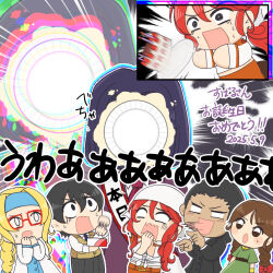 1boy 5girls birthday birthday_cake black_eyes black_hair blonde_hair braid braided_ponytail brown_eyes cake constricted_pupils dark-skinned_female dark_skin dated diana_caprice failure food glasses hair_bun hairband highres japanese_text kujou_subaru laughing legs long_hair multiple_girls necktie open_mouth panicking pants pointing ponytail red_hair rikaritta_aries sagitta_weinberg sakura_taisen scared sega short_hair surprised sweatdrop taiga_shinjirou thighs tongue translation_request turn_pale twin_braids white_eyes wide-eyed