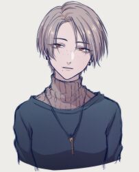 1girl androgynous blonde_hair blue_shirt breasts brown_sweater collared_sweater commentary_request ear_piercing earrings eyelashes freckles highres jewelry key key_necklace looking_at_viewer mole mole_under_mouth moxamog necklace open_mouth orange_eyes original piercing portrait reverse_trap shirt short_hair simple_background small_breasts solo sweater sweater_under_shirt teeth tomboy upper_teeth_only white_background