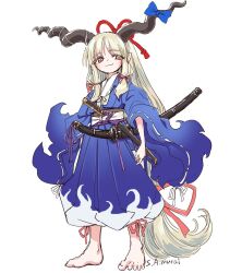 1girl alternate_costume barefoot blonde_hair blue_ribbon blue_robe closed_mouth gradient_robe hair_ribbon horn_ornament horn_ribbon horns ibuki_suika light_smile long_hair looking_at_viewer oni pointy_ears red_eyes red_ribbon ribbon robe s-a-murai sheath sheathed signature simple_background solo touhou wave_print white_background