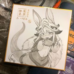 1other absurdres animal_ears bowl commentary_request dated eyes_visible_through_hair feet_out_of_frame furry hands_up helmet highres holding holding_bowl holding_spoon horizontal_pupils looking_at_viewer made_in_abyss monochrome nanachi_(made_in_abyss) open_mouth other_focus photo_(medium) puffy_pants senme79897444 shikishi short_hair_with_long_locks signature spoon tail topless_other traditional_media whiskers