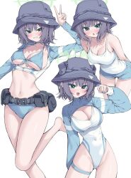 1girl animal_ears belt bikini blue_archive blush breasts bucket_hat front-tie_bikini_top front-tie_top green_eyes grey_hair halo hat large_breasts leaning_forward metaljelly multiple_views navel one-piece_swimsuit rabbit_ears saki_(blue_archive) short_hair shorts swimsuit tactical_clothes tank_top thigh_strap v