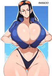 1girl ass blue_background blue_eyes blue_shirt bouncing_breasts breasts breasts_squeezed_together cartoonized cropped_jacket doujinshi gluteal_fold huge_ass huge_breasts jacket lineart long_hair motion_lines nico_robin nico_robin_(return_to_sabaody) one_piece outline shiny_clothes shiny_skin shirt short-sleeved_jacket short_sleeves simple_background skeboo solo sunglasses sunglasses_on_head thick_thighs thighs thong toon_(style) zipper zipper_pull_tab