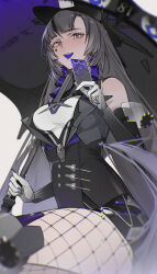 Rule 34 | absurdres, bow, card, colored tongue, fishnet pantyhose, fishnets, grey eyes, grey hair, hat, highres, lilith (pgr), looking at viewer, looking down, mechabare, pantyhose, playing card, poker chip, punishing: gray raven, purple tongue, ribbon, smile, spade (shape), top hat, umbrella, xtears kitsune, zipper