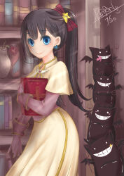 1girl absurdres acolyte_(ragnarok_online) blue_eyes book bookshelf bow brown_shirt capelet closed_mouth commentary_request cowboy_shot creature demon deviruchi earrings hair_bow hair_ornament heart heart_earrings highres holding holding_book indoors jewelry long_hair long_sleeves looking_at_viewer ragnarok_online red_bow rinrin_taiwan shirt skirt smile solo star_(symbol) star_hair_ornament white_capelet white_skirt