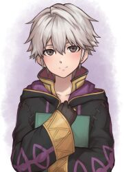 1boy absurdres black_gloves black_robe book closed_mouth commentary_request fire_emblem fire_emblem_awakening gloves hair_between_eyes highres holding holding_book hooded_robe hugging_book hugging_object long_sleeves male_focus male_robin_(fire_emblem) nintendo robe short_hair smile solo white_hair zuzu_(ywpd8853)