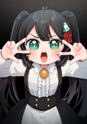1girl :3 absurdres antenna_hair black_background black_hair black_skirt blush brooch center_frills cmyk:_sameda_kazuou_wa_chuunibyou_ga_naosenai collared_shirt cowboy_shot double_w excited frills green_eyes hair_ornament highres jewelry long_hair looking_at_viewer open_mouth oyasumi_makura sameda_iku shirt simple_background skirt smile solo sparkling_eyes standing suspender_skirt suspenders textless_version twintails v-shaped_eyebrows w w_over_eye white_shirt