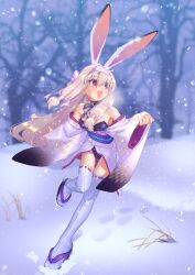 Rule 34 | 1girl, :d, animal ears, bare shoulders, black sandals, blonde hair, blush, breasts, commentary request, fate/grand order, fate (series), full body, hairband, highres, japanese clothes, kimono, leotard, long hair, long sleeves, looking to the side, obi, okobo, okuribi, open mouth, outdoors, pink hairband, platform sandals, purple leotard, purple sash, rabbit ears, red eyes, ribbon-trimmed thighhighs, ribbon trim, sandals, sash, sidelocks, sitonai (fate), small breasts, smile, snow, solo, standing, standing on one leg, strapless, strapless leotard, tabi, thighhighs, wa bunny, white kimono, white thighhighs, wide sleeves, winter