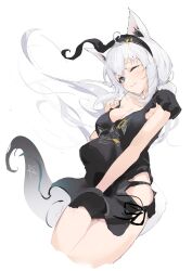 1girl absurdres ahoge animal_ear_fluff animal_ear_piercing animal_ears aqua_eyes black_hairband black_headband black_shirt black_tail breasts cleavage crossed_bangs double-parted_bangs earrings extra_ears fox_ears fox_girl fox_tail hair_between_eyes hairband headband highres hololive jewelry long_hair looking_at_viewer loungewear low-tied_long_hair medium_breasts menomeno_draw multicolored_tail nejima_kitsune_(shirakami_fubuki) official_alternate_costume pentagram shirakami_fubuki shirakami_fubuki_(loungewear) shirt side-tie_shirt sidelocks simple_background single_earring solo tail two-tone_tail virtual_youtuber white_background white_hair white_tail wind