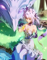 1girl absurdres bug butterfly castorice_(honkai:_star_rail) dragon dress fangs flower glowing glowing_eyes hair_flower hair_ornament highres honkai:_star_rail honkai_(series) insect lake lifi6184 log long_hair looking_down netherwing_(honkai:_star_rail) on_grass pointy_ears purple_eyes purple_hair sitting white_dress yellow_butterfly