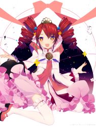1girl absurdres curly_hair dress fine_(futagohime) frilled_dress frilled_thighhighs frills fushigiboshi_no_futago_hime hair_ornament highres magical_girl multicolored_hair open_mouth prophet_chu shoes short_hair smile star_(symbol) star_in_eye star_ornament symbol_in_eye thighhighs water_drop white_thighhighs