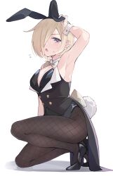Rule 34 | 1girl, animal ears, armpits, black footwear, black leotard, blonde hair, blush, breasts, cleavage, commentary request, detached collar, ear piercing, fishnet pantyhose, fishnets, flying sweatdrops, hair over one eye, high heels, highres, kneeling, leotard, looking at viewer, love live!, love live! nijigasaki high school idol club, medium breasts, mia taylor, notyu maru, one eye covered, open mouth, pantyhose, piercing, playboy bunny, purple eyes, rabbit ears, rabbit tail, short hair, sidelocks, solo, strapless, strapless leotard, tail, white background, wrist cuffs