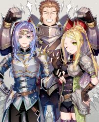 Rule 34 | 1girl, 2boys, androgynous, armor, bear (romancing saga 2), belt, black bodysuit, black gloves, black pants, blonde hair, bodysuit, breastplate, brown belt, brown gloves, brown hair, clenched hands, closed eyes, closed mouth, cowboy shot, curtained hair, fingerless gloves, gauntlets, gloves, green eyes, grey hair, hand on own hip, james (romancing saga 2), long hair, moru, multiple boys, one eye closed, open mouth, pants, ponytail, romancing saga 2, saga, short hair, shoulder armor, smile, standing, teeth, therese (romancing saga 2), twitter username, w