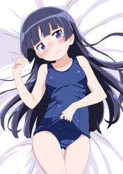 1girl black_hair blue_eyes blue_one-piece_swimsuit blunt_bangs breasts clothes_lift cowboy_shot gluteal_fold gokou_ruri long_hair looking_at_viewer lying mizusaki_johnko old_school_swimsuit one-piece_swimsuit ore_no_imouto_ga_konna_ni_kawaii_wake_ga_nai school_swimsuit school_swimsuit_flap small_breasts solo swimsuit thigh_gap