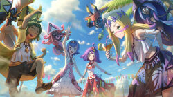 1boy 3girls acerola_(pokemon) acerola_(sygna_suit)_(pokemon) alternate_costume blonde_hair blue_hair blue_sky dark-skinned_male dark_skin dress gen_7_pokemon hau_(pokemon) hau_(sygna_suit)_(pokemon) highres hooh_lin lana_(pokemon) lana_(sygna_suit)_(pokemon) legendary_pokemon long_skirt midriff mina_(pokemon) mina_(sygna_suit)_(pokemon) multiple_girls navel nintendo official_alternate_costume palm_tree pokemon pokemon_(creature) pokemon_masters_ex purple_hair sandals shorts skirt sky smile tapu_bulu tapu_fini tapu_koko tapu_lele tree