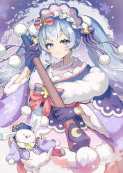 1girl absurdres blue_bow blue_eyes blue_gloves blue_hair blue_hat bow closed_mouth commentary_request crescent gloves hat hatsune_miku highres holding holding_paintbrush japanese_clothes kimono kotatsukarakita long_sleeves looking_at_viewer multicolored_hair paintbrush partial_commentary pink_bow pom_pom_(clothes) purple_kimono rabbit_yukine smile solo streaked_hair striped_bow sun twintails vocaloid white_hair wide_sleeves yuki_miku yuki_miku_(2023)