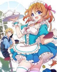 1boy 1girl :d atelier_(series) atelier_resleriana black_gloves black_pants black_vest blonde_hair blue_dress blue_eyes blue_shirt blurry blurry_background blurry_foreground breasts brown_hair clipboard collarbone collared_shirt commentary_request cowboy_shot cup depth_of_field dress dutch_angle frilled_dress frills gloves hair_between_eyes hair_ornament hair_ribbon hairclip hat highres holding holding_clipboard holding_tray karasumi_(aiseec) looking_at_viewer maid maid_headdress medium_breasts medium_hair official_alternate_costume open_mouth pants pink_ribbon police police_hat police_uniform policeman puffy_short_sleeves puffy_sleeves resna_sternenlicht ribbon roman_kalman shirt short_dress short_hair short_sleeves sitting skindentation smile solo_focus star_(symbol) teacup teapot thighhighs tray unworn_hat unworn_headwear vest white_thighhighs zettai_ryouiki