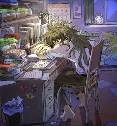 1boy alarm_clock barefoot book brown_pants bug_cage chair clock danganronpa_(series) danganronpa_v3:_killing_harmony full_body glasses gokuhara_gonta green_hair kumakoro_(tetsupag) long_sleeves male_focus messy_hair pants paper scissors shirt sleeping sleeping_on_desk sticker trash_can white_shirt