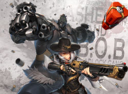 1boy 1girl aiming arm_cannon armor ashe_(overwatch) black_nails bob_(overwatch) bowler_hat character_name clenched_hands cowboy_hat dynamite earrings explosive eyeliner facial_hair fur_trim green_eyes gun hat height_difference hichi highres japanese_armor jewelry kote lever_action lips lipstick long_hair makeup mole mole_above_mouth mustache nail_polish necktie omnic overwatch overwatch_1 red_eyes red_lips red_neckwear rifle robot shell_casing shirt short_hair signature sleeves_pushed_up trigger_discipline weapon white_hair white_shirt