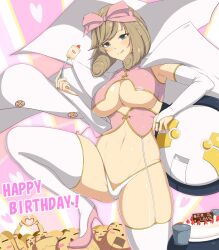 1girl breasts brown_hair cake cake_slice coat crop_top food fork gold_biotope green_eyes hair_ribbon happy_birthday haruka_(senran_kagura) heart heart_hands large_breasts medium_hair namanama12ruiji ribbon robot senran_kagura thick_thighs thighhighs thighs thong underboob