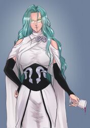 Rule 34 | 1girl, alcohol, breasts, cup, dress, freudette, glasses, green eyes, green hair, highres, holding, holding cup, large breasts, long hair, long sleeves, one-punch man, ouroboros, psychos (one-punch man), solo, spilling, wine