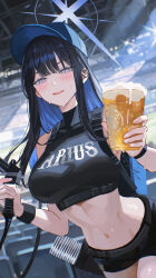Rule 34 | 1girl, absurdres, alcohol, alternate costume, audience, backpack, bag, baseball cap, beer, beer tap, belt, black belt, black hair, black shirt, black shorts, blue archive, blue eyes, blue hair, blue halo, blue hat, blush, breasts, chinese commentary, clothes writing, colored inner hair, commentary, commentary request, crop top, cup, cup holder, cup stack, english commentary, halo, hat, highres, holding, holding cup, hose nozzle, large breasts, long hair, looking at viewer, maria (maria rose), midriff, mixed-language commentary, multicolored hair, navel, nozzle, open mouth, saori (blue archive), shirt, short shorts, shorts, sleeveless, sleeveless shirt, smile, stadium, stadium lights, sweat, teeth, turtleneck, turtleneck shirt, upper teeth only, wristband