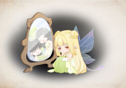 3girls ^_^ artist_request bare_arms bare_legs bare_shoulders black_hair blonde_hair blue_wings blunt_bangs brown_background chibi clenched_hand closed_eyes closed_mouth darkness different_reflection double_bun dress fairy fairy_wings frown full-length_mirror game_cg gloves green_dress hair_bun happy highres hugging_own_legs knees_up layered_dress light_blush long_dress long_hair medium_hair miracle_nikki mirror multiple_girls nikki_(series) official_art pointy_ears red_eyes reflection sad sitting sleeveless sleeveless_dress smile straight_hair tearing_up third-party_source transparent_wings v-neck very_long_hair white_gloves wings