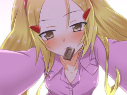 1girl aoyama_mio blonde_hair blush brown_eyes chocolate female_focus from_below hair_ornament hairclip kami_nomi_zo_shiru_sekai solo twintails yuto_(dialique)