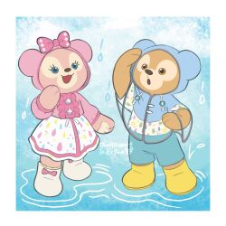 1boy 1girl animal_ears bear bear_boy bear_ears bear_girl blue_eyes brown_eyes duffy_and_friends duffy_the_disney_bear full_body highres no_humans puddle rain raincoat shelliemay smile takatmaorange